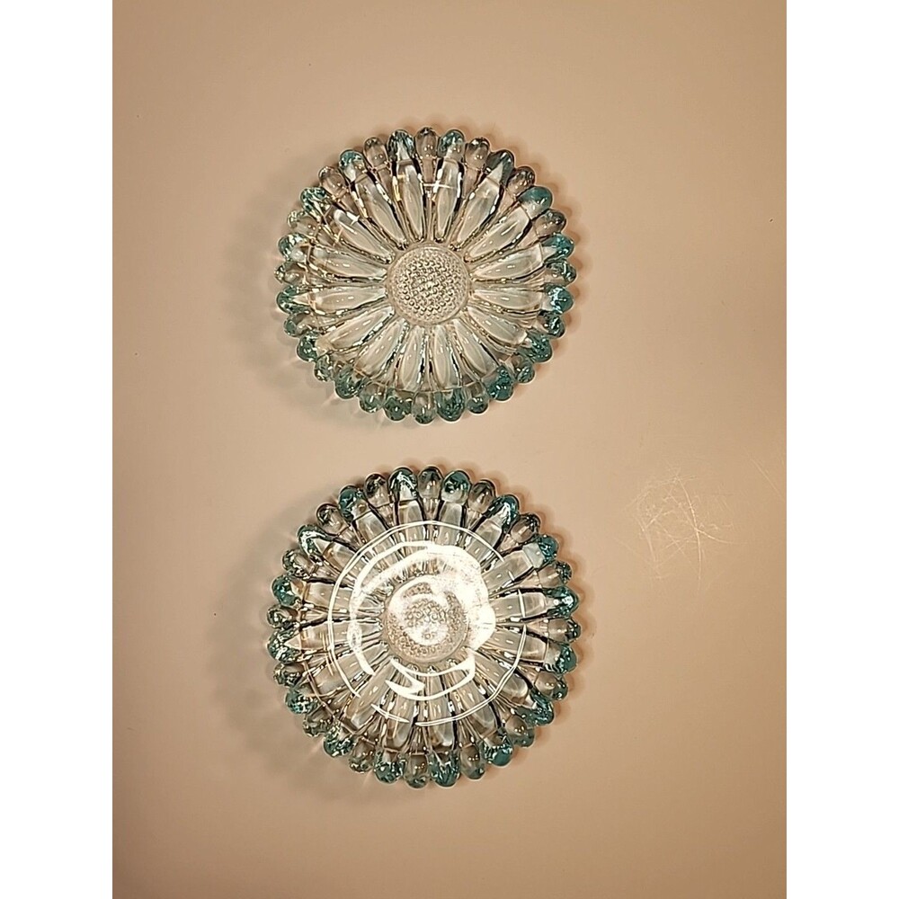 Vintage Collectible Lot Of 2 Aqua Glass Trinket Ashtray Hazel Atlas Flower READ